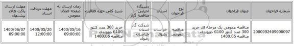 مناقصه عمومی یک مرحله ای خرید 300 عدد کنتور G100 دوپوندی - مناقصه 1400.06