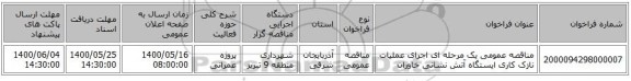 مناقصه عمومی یک مرحله ای اجرای عملیات نازک کاری ایستگاه آتش نشانی خاوران