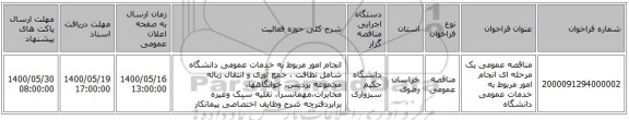 مناقصه عمومی یک مرحله ای انجام امور مربوط به خدمات عمومی دانشگاه
