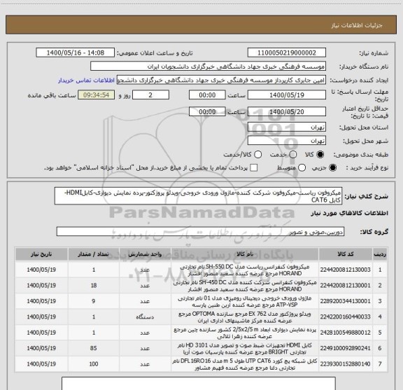 استعلام میکروفون ریاست-میکروفون شرکت کننده-ماژول ورودی خروجی-ویدئو پروژکتور-پرده نمایش دیواری-کابلHDMI-کابل CAT6