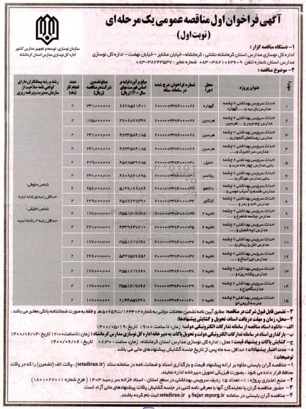 فراخوان مناقصه احداث سرویس بهداشتی 2 چشمه مدارس ....
