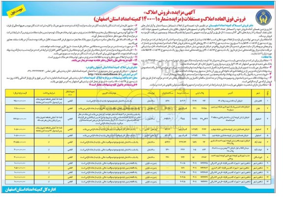 مزایده مزایده فروش فوق العاده املاک و مستغلات نوبت اول
