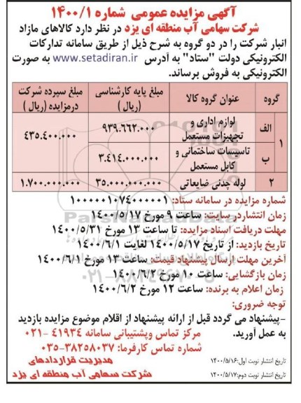 مزایده، مزایده فروش کالاهای مازاد انبار شرکت - نوبت دوم 