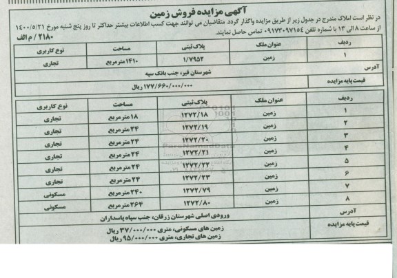 مزایده فروش زمین 1410 مترمربع 