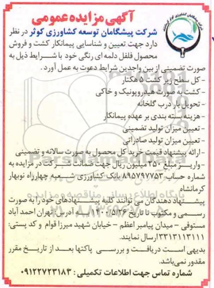 مزایده عمومی، مزایده عمومی تعیین و شناسایی پیمانکار کشت و فروش محصول فلفل دلمه ای رنگی