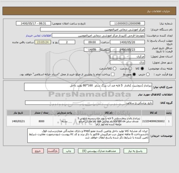 استعلام زیرانداز (دروشیت )بالدار 5 لایه ضد آب بزرگ سایز 160*80 تولید داخل