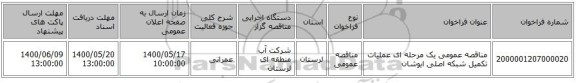 مناقصه عمومی یک مرحله ای عملیات تکمیل شبکه اصلی ایوشان