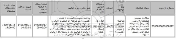 مناقصه عمومی همزمان با ارزیابی (فشرده) یک مرحله ای بهسازی و تعریض تقاطع سراوان واقع در محور فومن-شفت-سراوان