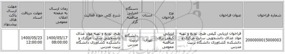 فراخوان ارزیابی کیفی طبخ، توزیع و تهیه مواد غذای دانشجویی سایت مرکزی و دانشکده کشاورزی دانشگاه تربیت مدرس