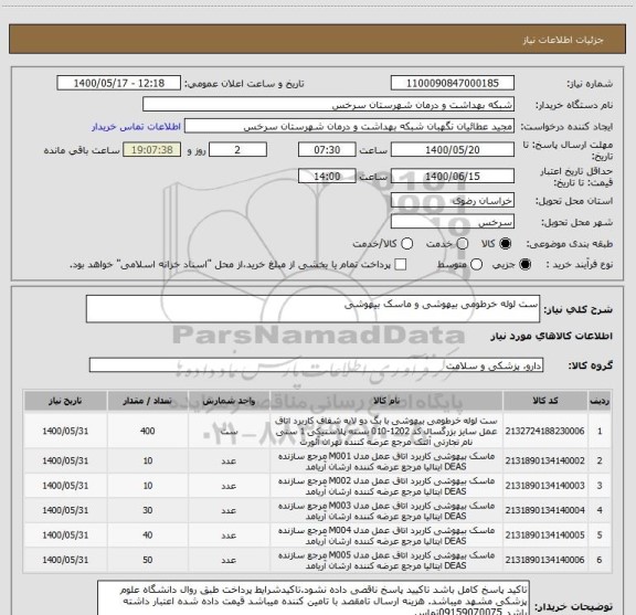 استعلام ست لوله خرطومی بیهوشی و ماسک بیهوشی