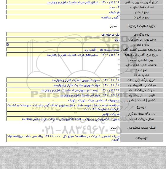 مناقصه  انجام خدمات تهیه٬ طبخ٬ حمل و توزیع غذای گرم جلسات٬ میهمانان و کشیک کارکنان شماره ۴۶۱۵-۰۰-ت