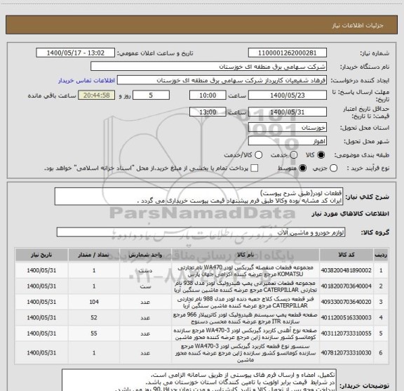 استعلام قطعات لودر(طبق شرح پیوست)
ایران کد مشابه بوده وکالا طبق فرم پیشنهاد قیمت پیوست خریداری می گردد .