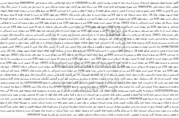 آگهی مزایده شش دانگ پلاک ثبتی 8 فرعی از 1903 اصلی مفروز و مجزا شده