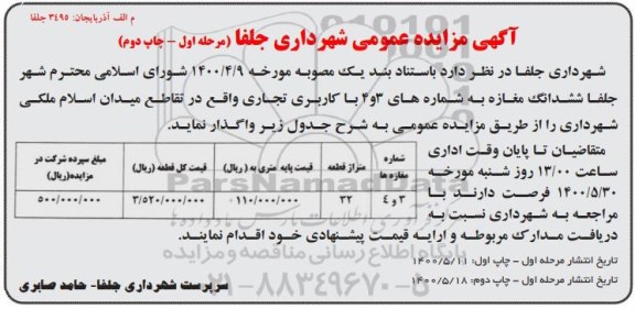 مزایده واگذاری مغازه های به شماره ۳ و ۴ - مرحله دوم