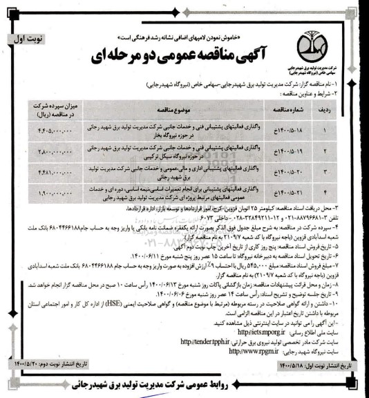 مناقصه واگذاری فعالیت های پشتیبانی فنی و خدمات جانبی...