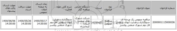 مناقصه عمومی یک مرحله ای جدولگذاری و هدایت آبهای سطحی فاز دوم شهرک صنعتی روانسر