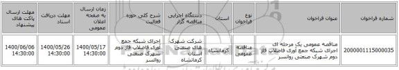 مناقصه عمومی یک مرحله ای اجرای شبکه جمع آوری فاضلاب فاز دوم شهرک صنعتی روانسر