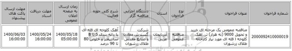 مناقصه عمومی یک مرحله ای خرید و تحویل 9000 (نه هزار) تن اهک کلوخه ا فله ای مورد نیاز کارخانه طلای زرشوران