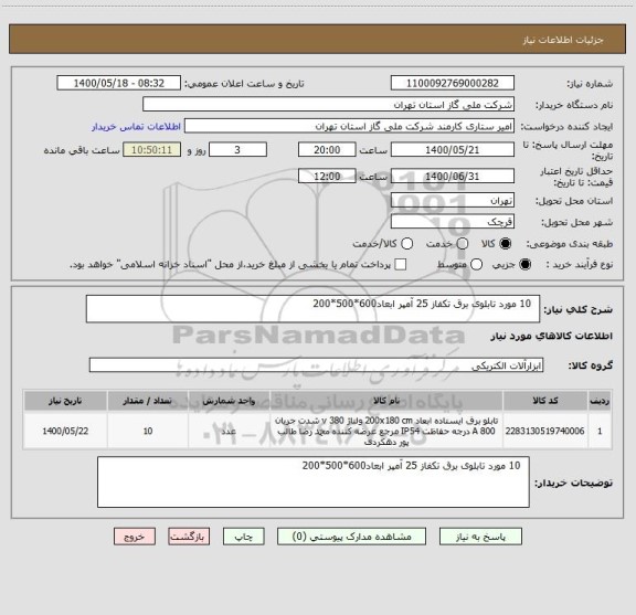 استعلام   10 مورد تابلوی برق تکفاز 25 آمپر ابعاد600*500*200
