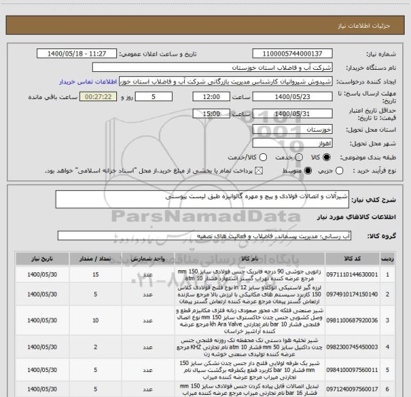 استعلام شیرآلات و اتصالات فولادی و پیچ و مهره گالوانیزه طبق لیست پیوستی