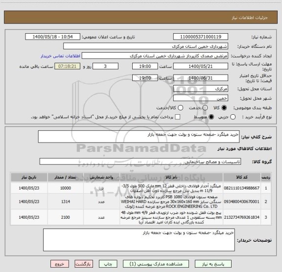 استعلام خرید میلگرد -صفحه ستون و بولت جهت جمعه بازار