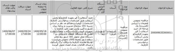 مناقصه عمومی همزمان با ارزیابی (فشرده) یک مرحله ای خرید آسفالت ( قیر بعهده کارفرما)و پخش آسفالت طبق مشخصات درخواستی کارفرما. 