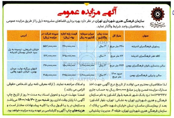 مزایده عمومی، مزایده بهره برداری از فضاهای ...