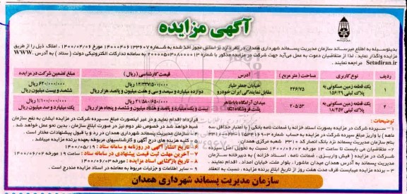 مزایده، مزایده واگذاری دو قطعه زمین مسکونی پلاک ثبتی 156.29 و 18.457 