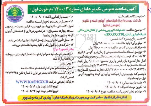 مزایده،مناقصه عملیات لایروبی بخشی از کانال های خاکی شبکه آبیاری 