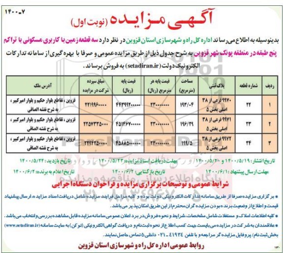 مزایده سه قطعه زمین با کاربری مسکونی 