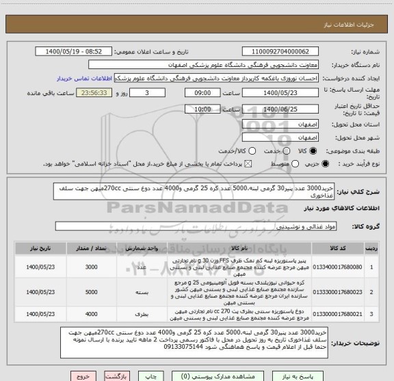 استعلام خرید3000 عدد پنیر30 گرمی لبنه،5000 عدد کره 25 گرمی و4000 عدد دوغ سنتی 270ccمیهن جهت سلف غذاخوری