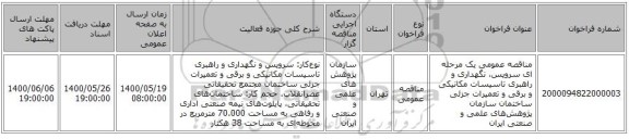 مناقصه عمومی یک مرحله ای سرویس، نگهداری و راهبری تاسیسات مکانیکی و برقی و تعمیرات جزئی ساختمان‌ سازمان پژوهش‌های علمی و صنعتی ایران