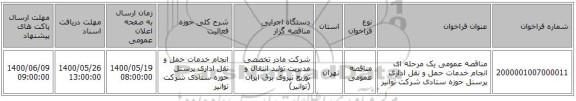 مناقصه عمومی یک مرحله ای انجام خدمات حمل و نقل اداری پرسنل حوزه ستادی شرکت توانیر