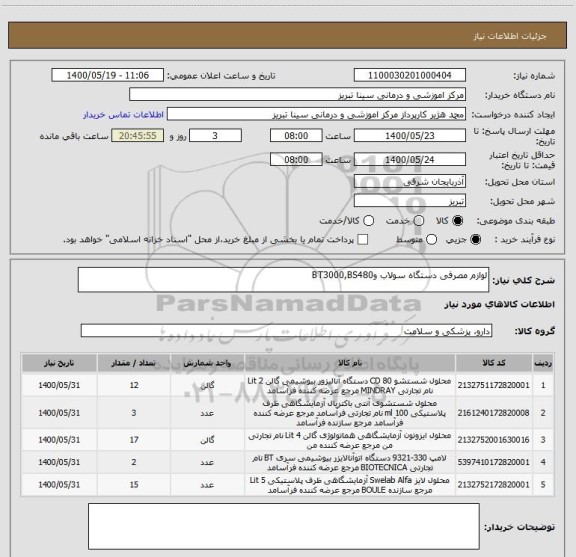 استعلام لوازم مصرفی دستگاه سولاب وBT3000,BS480