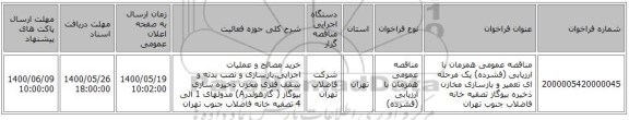 مناقصه عمومی همزمان با ارزیابی (فشرده) یک مرحله ای تعمیر و بازسازی مخازن ذخیره بیوگاز تصفیه خانه فاضلاب جنوب تهران 