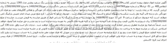 آگهی مزایده یک دستگاه خودرو سواری پژو پارس رنگ سفید روغنی