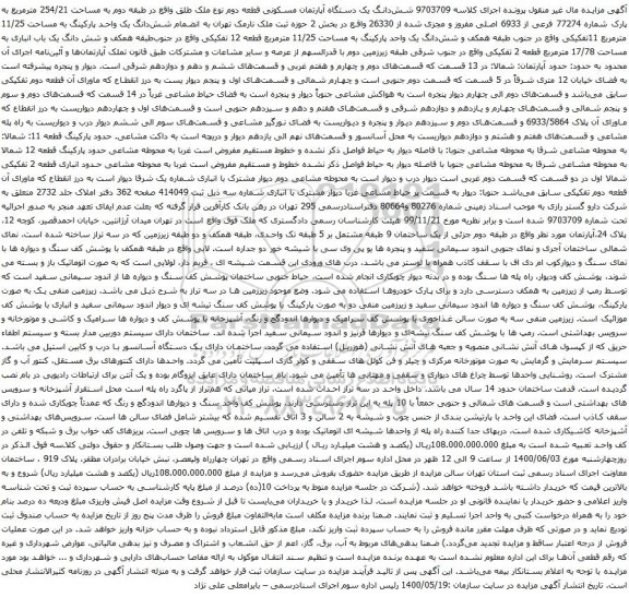 آگهی مزایده ششدانگ یک دستگاه آپارتمان مسکونی قطعه دوم نوع ملک طلق واقع در طبقه دوم به مساحت 254/21 مترمربع