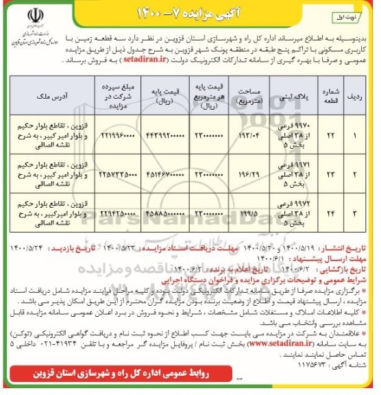 مزایده فروش سه قطعه زمین با کاربری مسکونی