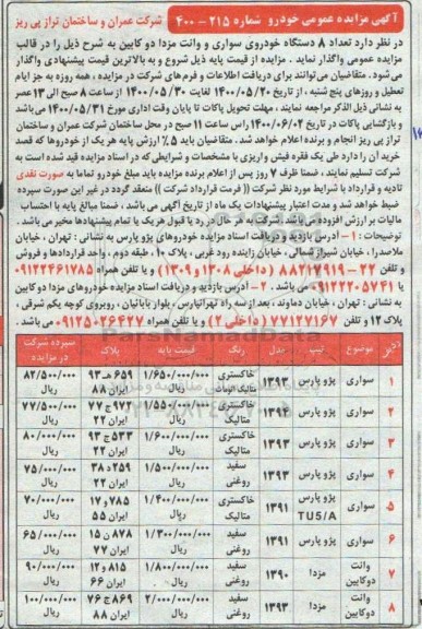 مزایده، مزایده فروش تعداد 8 دستگاه خودروی سواری و وانت مزدا دو کابین