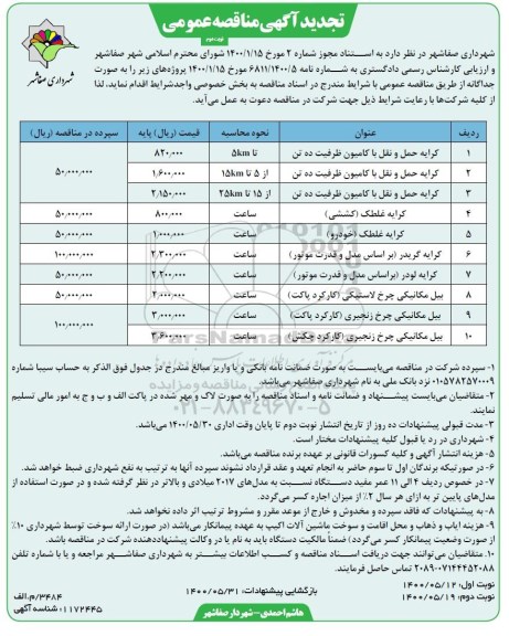 مناقصه  کرایه حمل و نقل با کامیون ... تجدید- نوبت دوم 