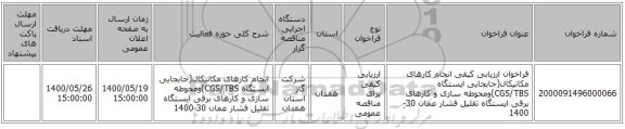 فراخوان ارزیابی کیفی انجام کارهای مکانیکال(جابجایی ایستگاه CGS/TBS)ومحوطه سازی و کارهای برقی ایستگاه تقلیل فشار عمان 30-1400