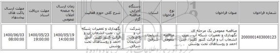 مناقصه عمومی یک مرحله ای نگهداری و تعمیرات شبکه آب ، نصب انشعاب آب و قرائت کنتور کلیبر ، آبش احمد و روستاهای تحت پوشش