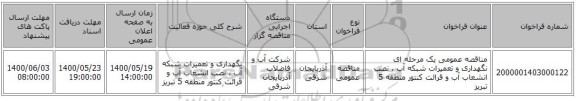 مناقصه عمومی یک مرحله ای نگهداری و تعمیرات شبکه آب ، نصب انشعاب آب و قرائت کنتور منطقه 5 تبریز