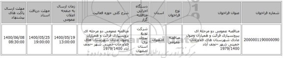 مناقصه عمومی دو مرحله ای ببرونسپاری قرائت و همیاران وصول عادی  شهرستان های فلاورجان-خمینی شهر –نجف آباد 1979/1400