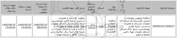 مناقصه عمومی همزمان با ارزیابی (فشرده) یک مرحله ای عملیات بازسازی و تعمیرات اساسی شعبه الغدیر تهرانمدیریت شرق بانک مسکن (شامل عملیات تهیه ،تامین مصالح و تجهیز