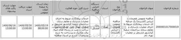مناقصه عمومی همزمان با ارزیابی (فشرده) یک مرحله ای خدمات پیمانکاری مربوط به اجرای عملیات بازسازی و مقاوم سازی ساختمان شعبه کیانشهر مشتمل بر عملیات تهیه،‎ ‎تام