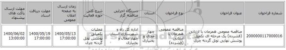 مناقصه عمومی همزمان با ارزیابی (فشرده) یک مرحله ای تکمیل پوشش نهایی تونل گردنه چری