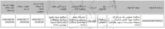 مناقصه عمومی یک مرحله ای مناقصه   پروژه تکمیل پارکینگ محوطه  بیمارستان شهید بهشتی آبادان