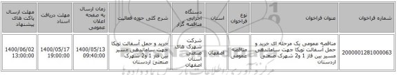 مناقصه عمومی یک مرحله ای خرید و حمل آسفالت توپکا جهت ساماندهی مسیر بین فاز 1 و2 شهرک صنعتی اردستان 