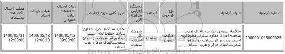 مناقصه عمومی یک مرحله ای تجدید مناقصه اجرای مقاوم سازی خطوط لوله آسیب دیده بر اثر سیلاب در سطح شهرستانهای مرکز و غرب استان